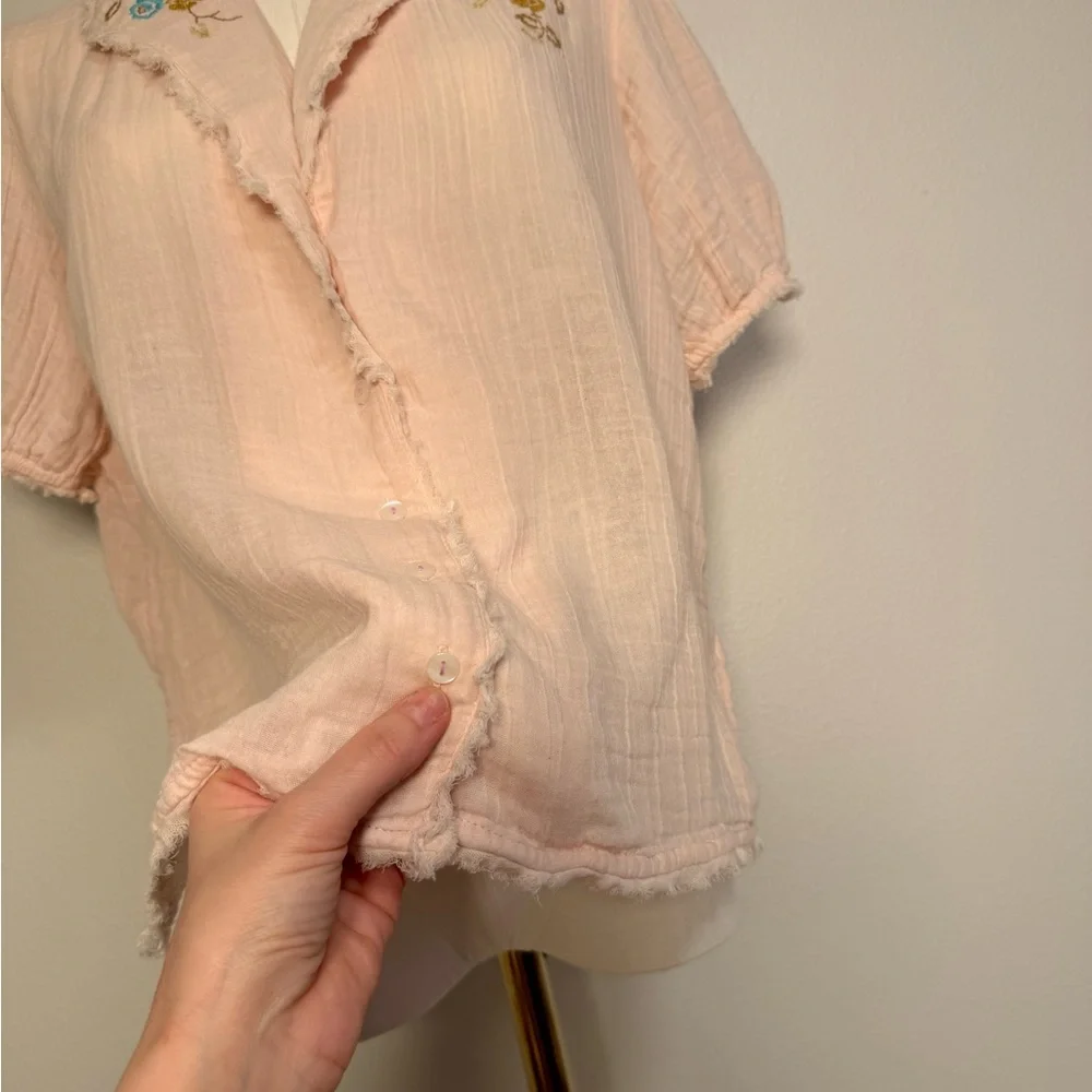 Anthropologie Romilly Soft Gauze PJ Embroidered Pale Pink Top Sz XS Oversized - Picture 6 of 10